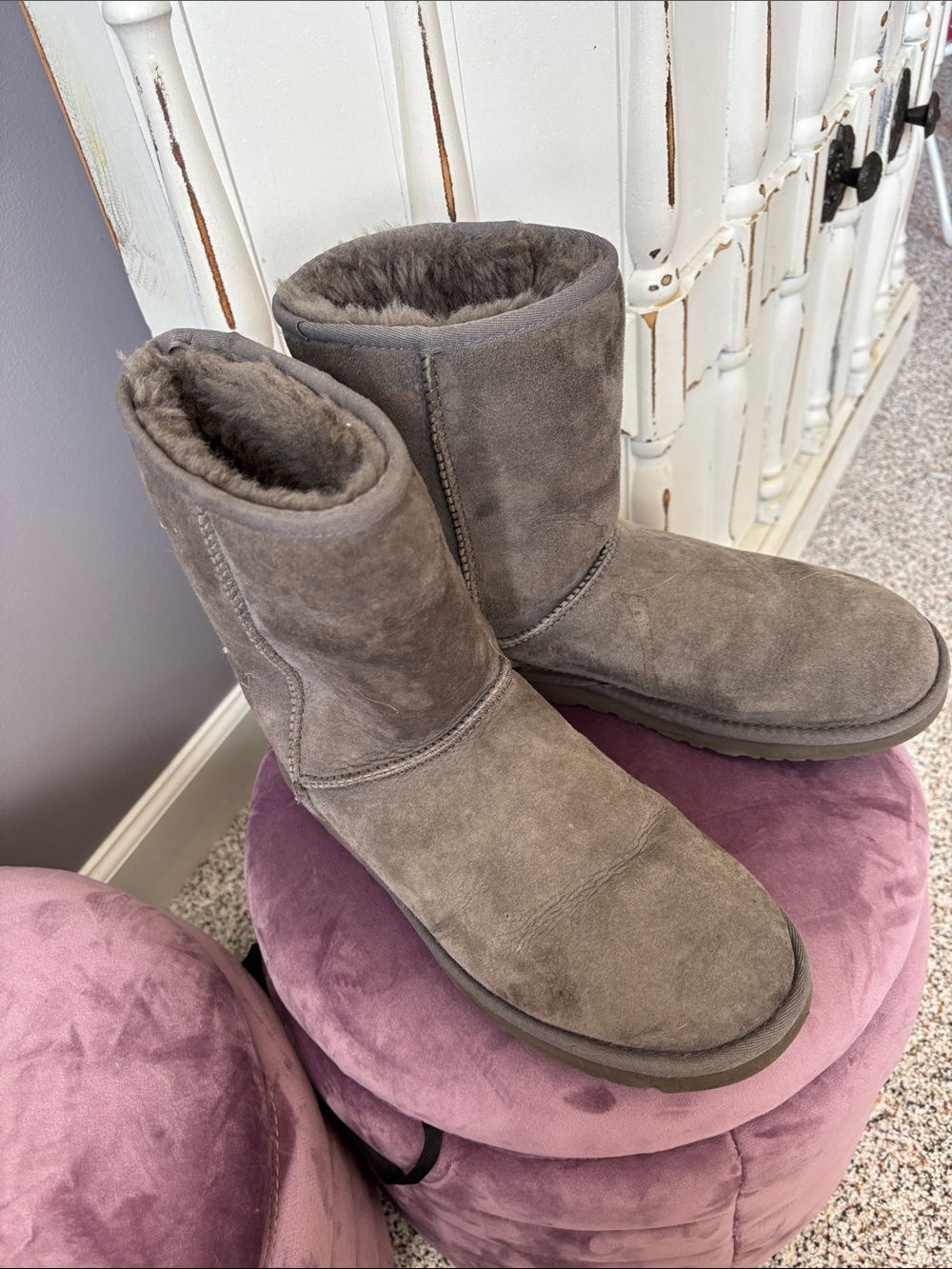 UGG Classic Short Suede Shearling Lined Boots in Gray
